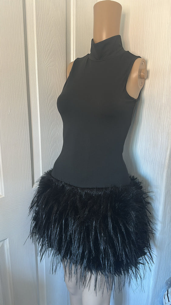 HALLOWEEN BLACK SLINKY BODYCON DRESS FUR TRIM