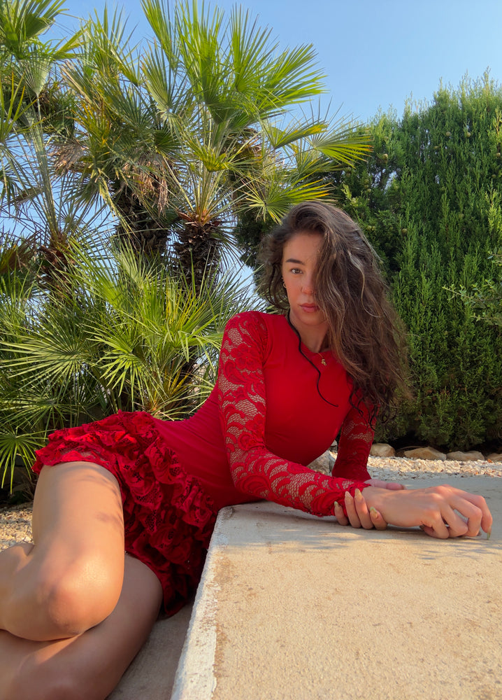 RED SLINKY LONG LACE SLEEVE FRILL DRESS