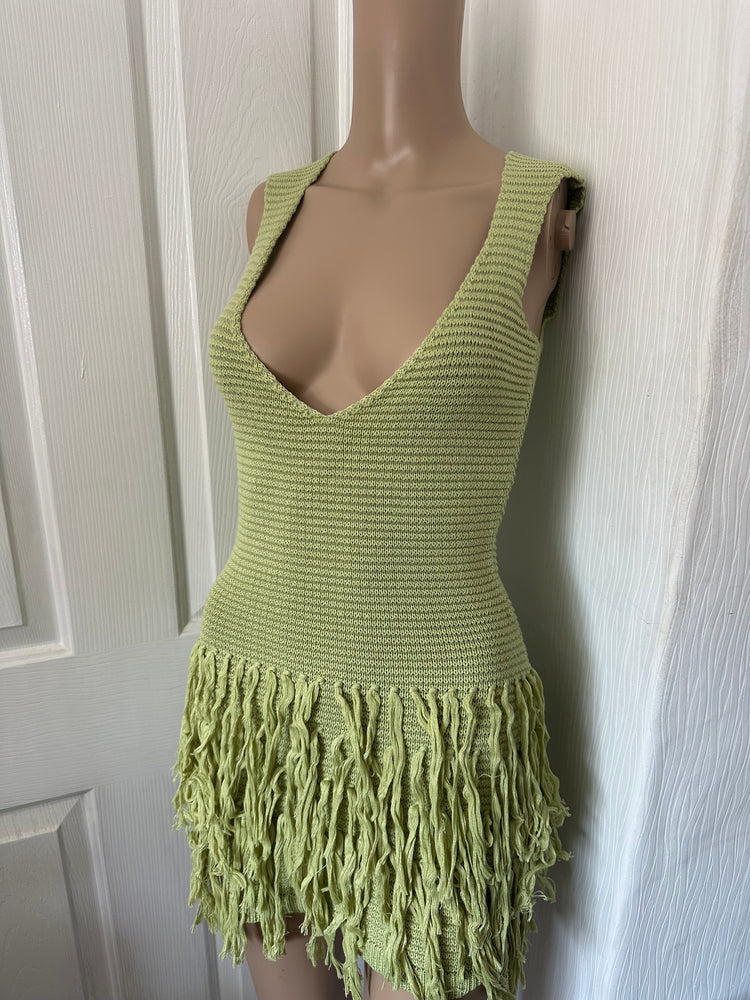 GREEN CROCHET PLUNGE TASSEL DRESS