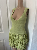 GREEN CROCHET PLUNGE TASSEL DRESS
