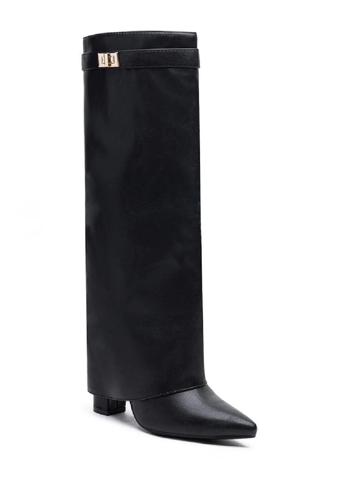 BLACK PU FOLD OVER BUCKLE DETAIL BLOCK HEEL BOOTS