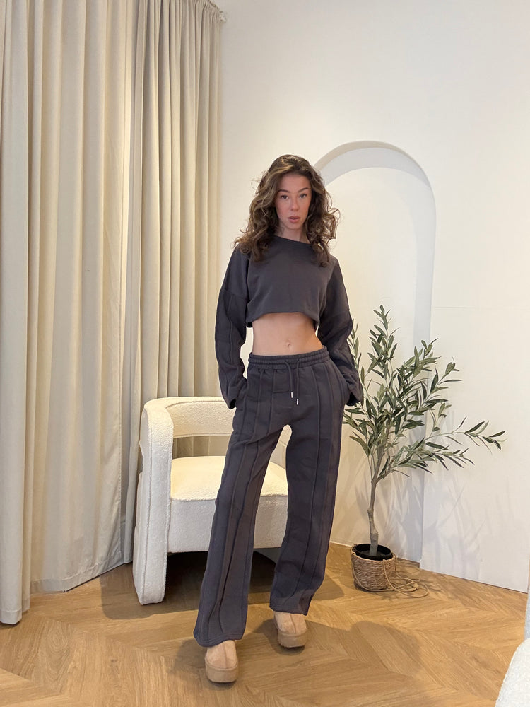 CHARCOAL SEAM DETAIL OVERSIZED CROP TOP JOGGER FLEECE CO ORD
