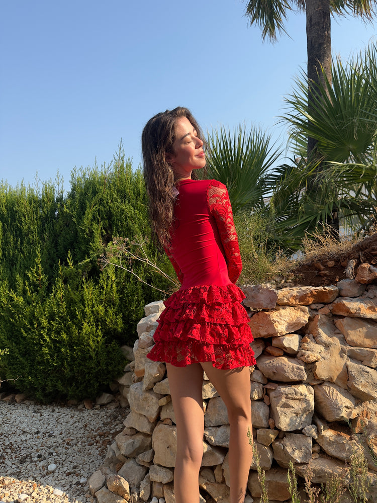 RED SLINKY LONG LACE SLEEVE FRILL DRESS