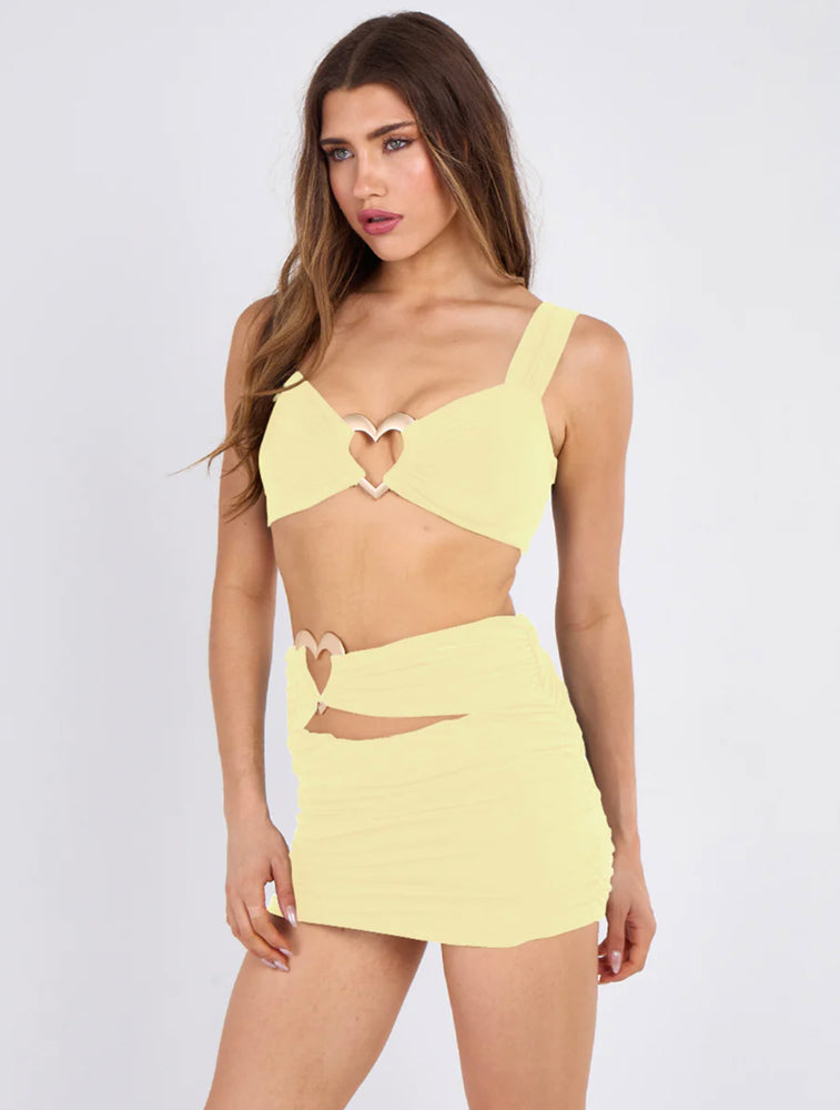 BUTTER YELLOW HEART BUCKLE BRALET SKIRT TWO PIECE