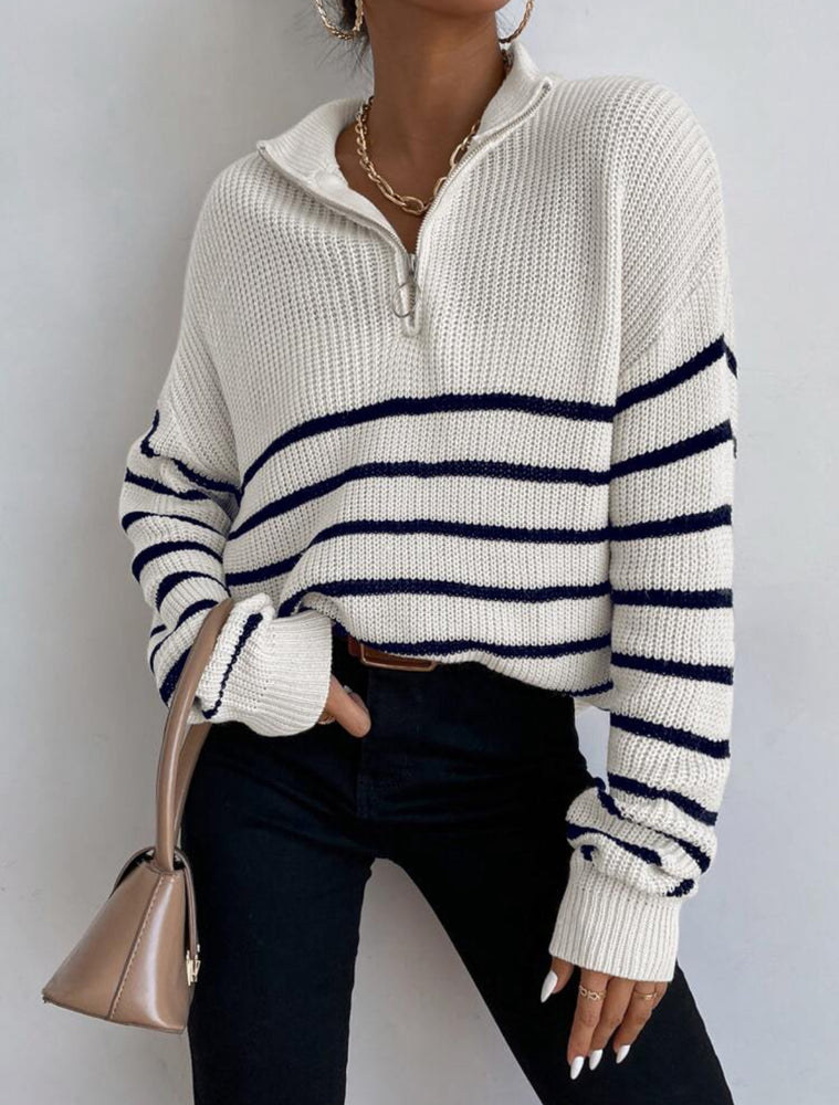 WHITE ZIPPER BLACK STRIPE PULLOVER JUMPER