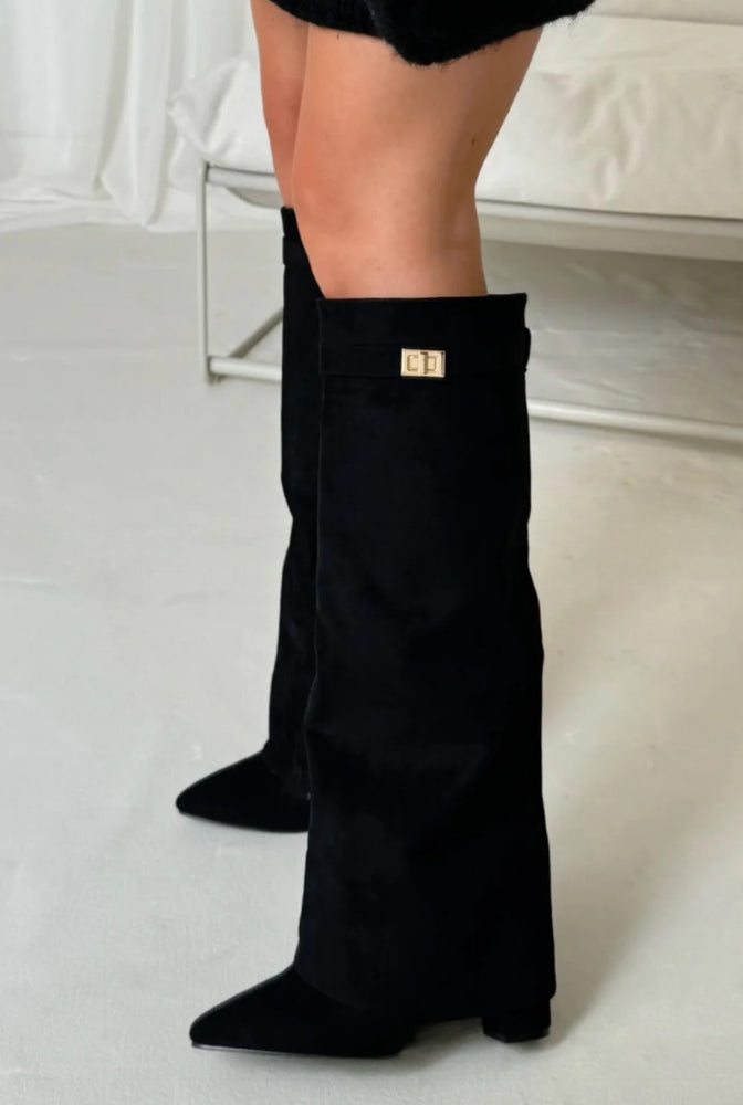 BLACK SUEDE FOLD OVER KNEE HIGH BOOTS