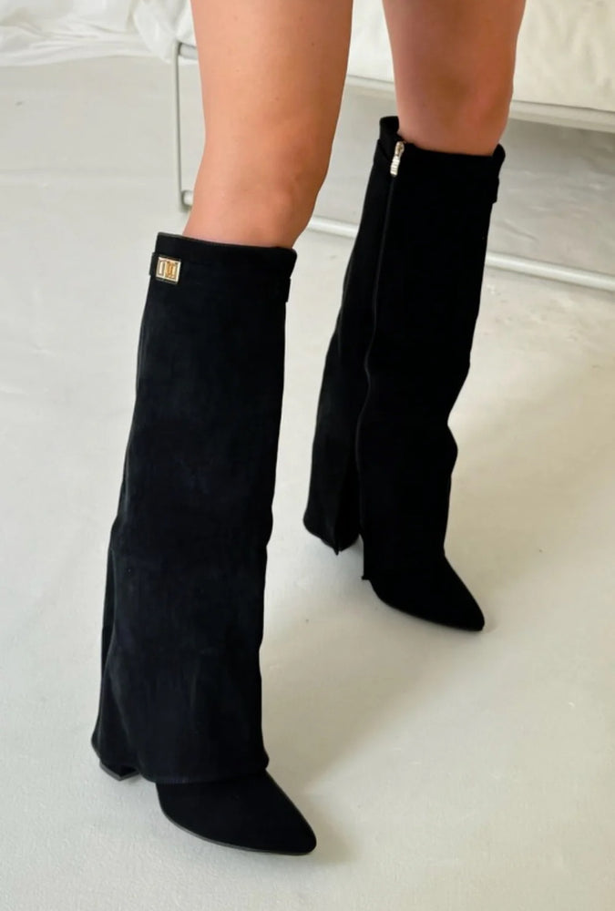 BLACK SUEDE FOLD OVER KNEE HIGH BOOTS