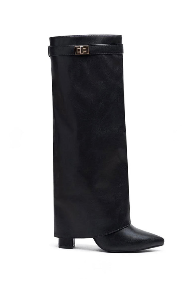 BLACK PU FOLD OVER BUCKLE DETAIL BLOCK HEEL BOOTS
