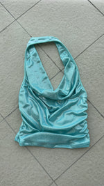 BLUE GLITTER COWL NECK TOP
