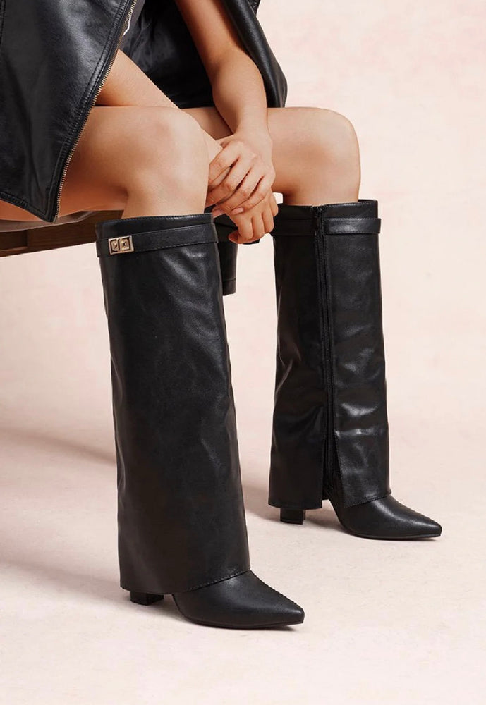 BLACK PU FOLD OVER BUCKLE DETAIL BLOCK HEEL BOOTS