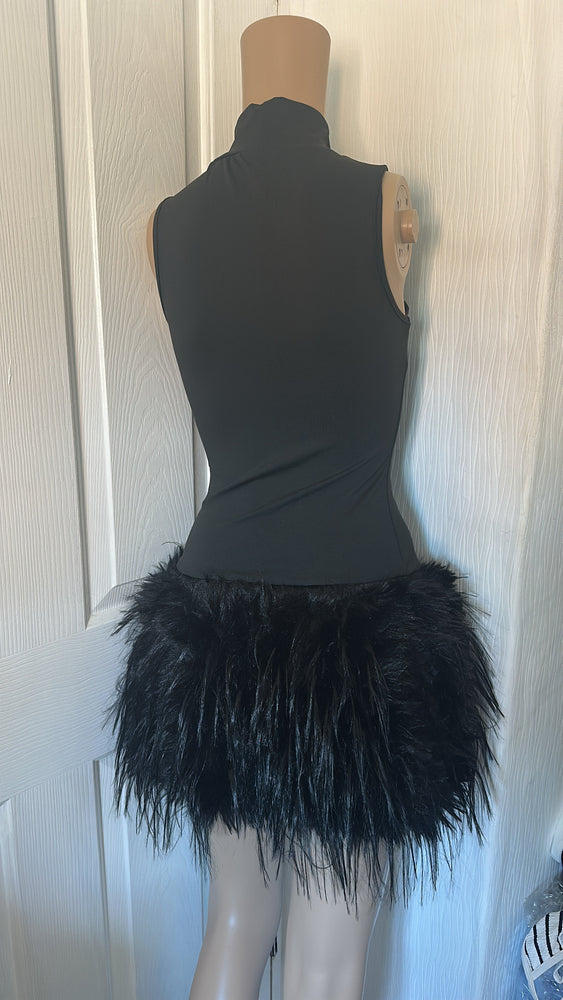 HALLOWEEN BLACK SLINKY BODYCON DRESS FUR TRIM